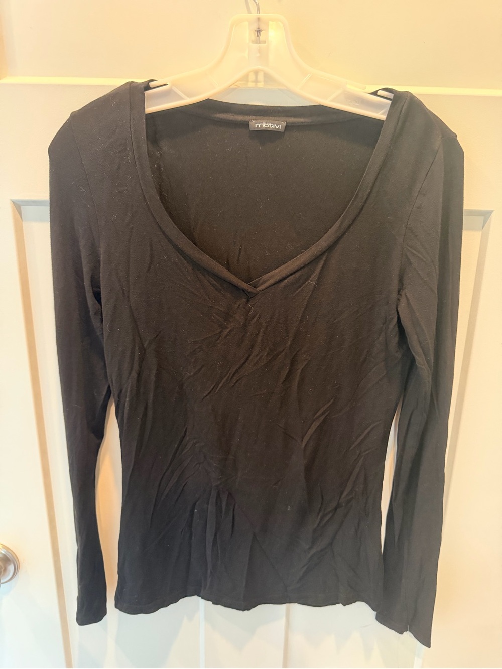 Motivi Small Black Draped V Neck Long Sleeve Stretch Top Italian Brand